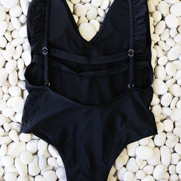 NWT Large, Ruffle Trim, Low V-Neck Low Back One Piece Swimsuit in black - Picture 9 of 12